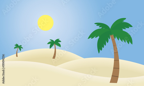 Vector illustration of a sandy desert with dunes and palms