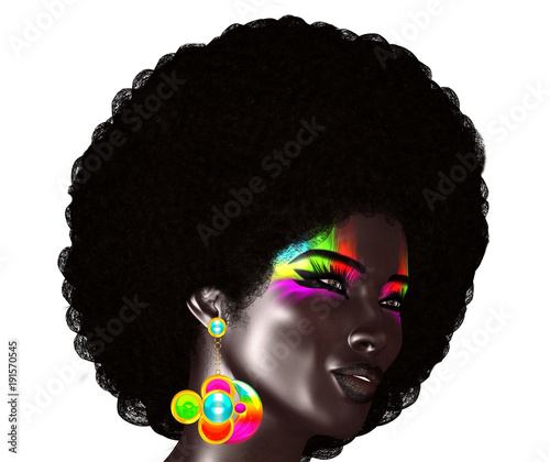 Trendy, curly African hair is worn by this realistic 3d model. She poses in front of an isolated white background, wears colorful electric eye shadow and matching bubble earrings.