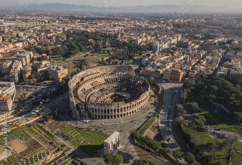 Aerial view of Colosseum on a sunny day. Rome, Italy