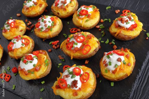 close-up of twice baked potatoes halves