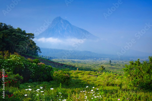 Breakfast at luxury camp overlooking a volcano in the Virunga National Park in the Democratic Republic of Congo, Africa