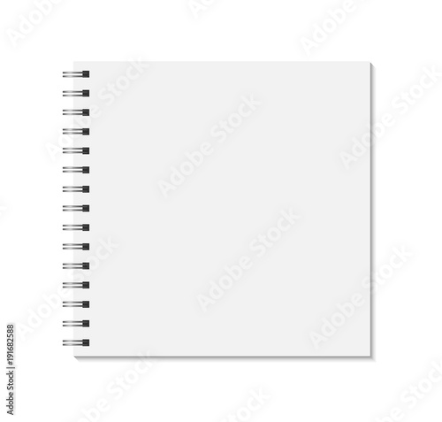 Square notebook mock up isolated on white background. Blank pages, copybook with metal spiral template. Realistic closed notebook vector illustration.