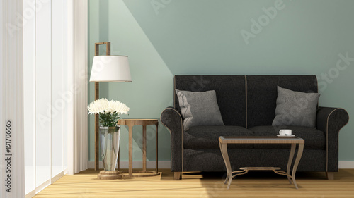 Living room and balcony on sunshine day in hotel or apartment - Interior simple design - 3D Rendering