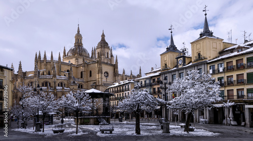 Main square of Segovia, where the Cathedral can be seen. Spain