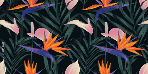 Seamless pattern, tropical plants, Bird of paradise flower, pink Anthurium and palm leaves on black background