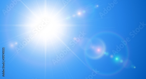 Sunny background, blue sky with sun