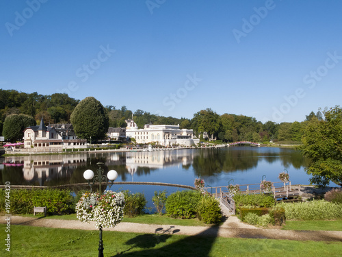 Colourful summer flowers by the lake at Bagnoles de l'Orne, Orne, Lower Normandy, France