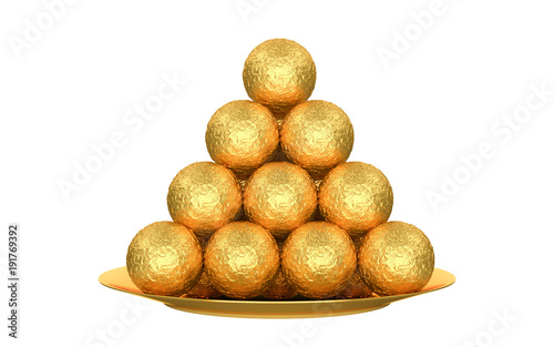 A golden pyramid of sweets in a golden wrapper. isolated white background. 3d render