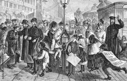 Street life in New York city, vintage engraving from "Alte und neue Welt", 1870 ca.