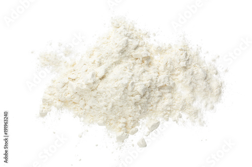 Pile of flour isolated on white background. Top view. Flat lay