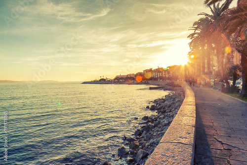 Beautiful cityscape, the promenade in Ajaccio at sunset, travel to Corsica, France