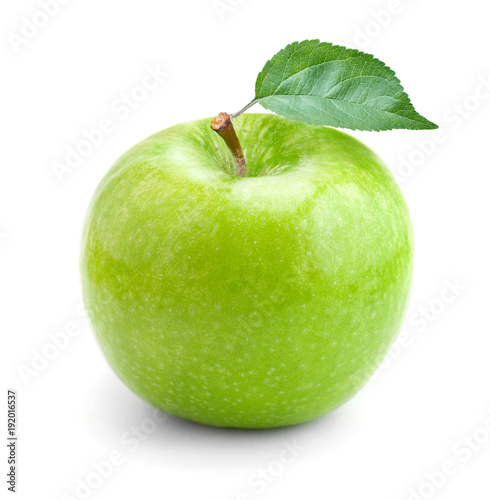 green apple with leaves isolated on white background
