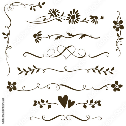 Set of calligraphic floral elements with hearts for wedding invitation design. Vector decorative ornament with flower silhouette. Dividers and frame elements