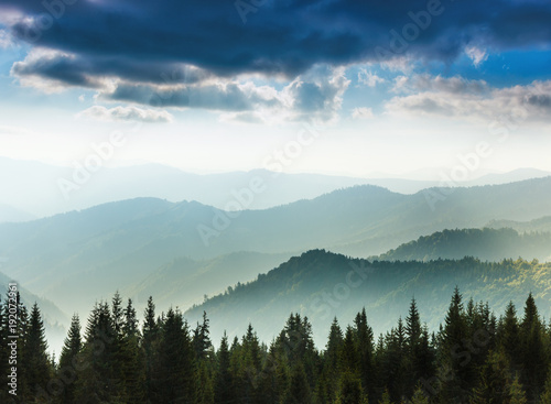 Majestic landscape of summer mountains. A view of the misty slopes of the mountains in the distance. Morning misty coniferous forest hills in fog and rays of sunlight. Travel background.