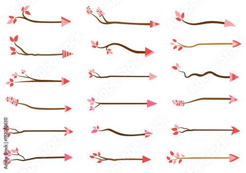 Creative vector tree branch arrows with pink and red leaves for love, Valentine's day and wedding designs