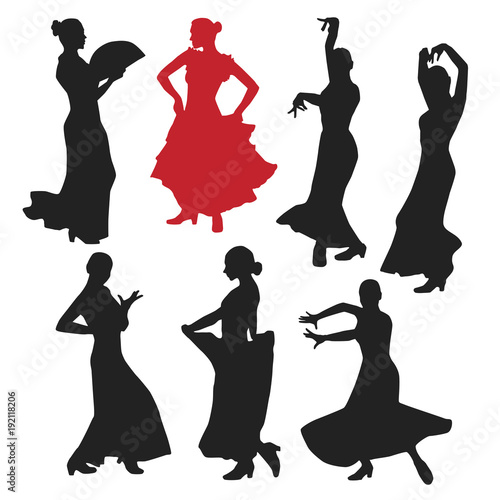 set of women in dress stay in dancing pose. flamenco dancer Spanish regions of Andalusia, Extremadura and Murcia. black silhouette white background brush sketch. Vector