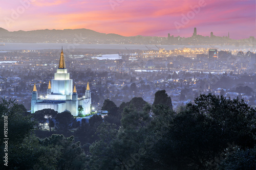 Oakland Temple and City from Oakland Hills. Oakland, Alameda County, California, USA.
