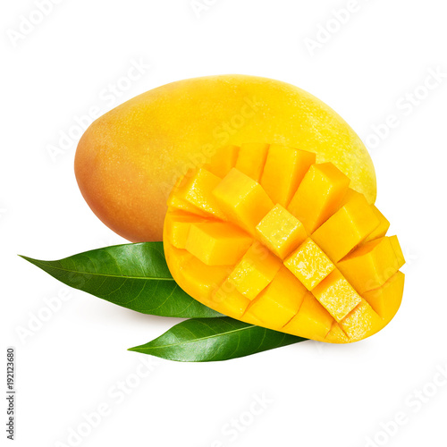 Yellow mango with leaves isolated on white background 