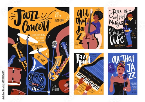 Collection of poster, placard and flyer templates for jazz music festival, concert, event with musical instruments, musicians and singers. Vector illustration in contemporary hand drawn cartoon style.
