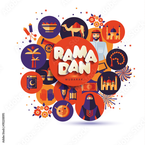 Paper text Ramadan for congratulations with muslim celebration.Background of flat icons.