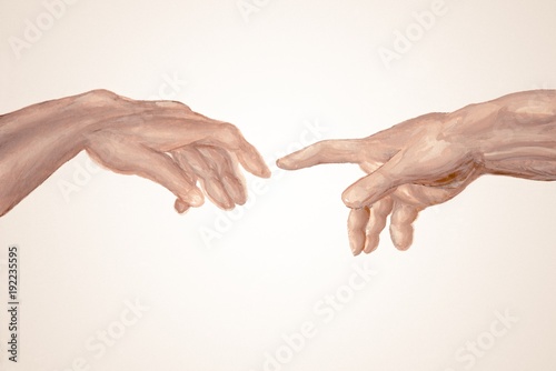 Creation of Adam hand drawn watercolor, fragment of Sistine Chapel fresco by Michelangelo. God and Adams hands. Two hands. Touch. Union. Illustration of paints. Faith in God Concept.