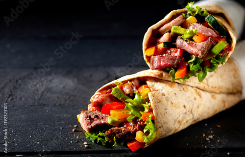 Tortilla wraps with tender entrecote beef steak