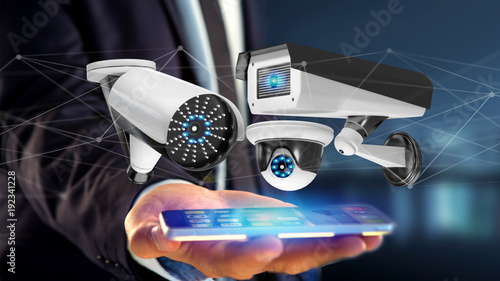 Businessman using a smartphone with a Security camera system and network connection - 3d rendering