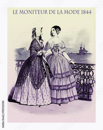 1844 vintage fashion, French magazine Le Moniteur de la Mode presents two ladies walking leisurely outdoor near the sea with fancy cloths