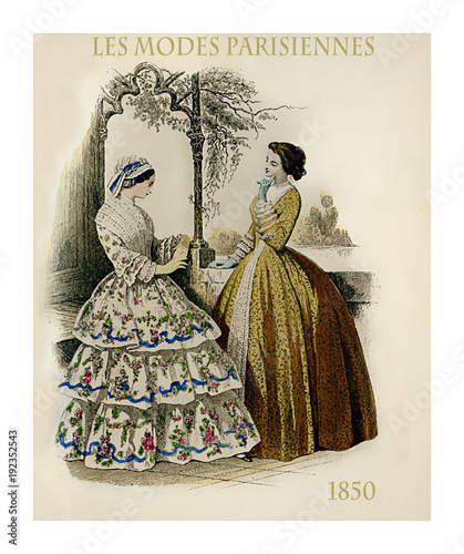 1850 vintage fashion, French magazine Les Modes Parisiennes presents two ladies chatting leisurely outdoors with fancy cloths and hairdressing