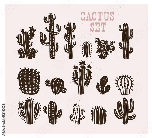 Vector collection of black hand drawn cactus sketch collection isolated on white background. Flat cactus icon set. Nature elements illustration.