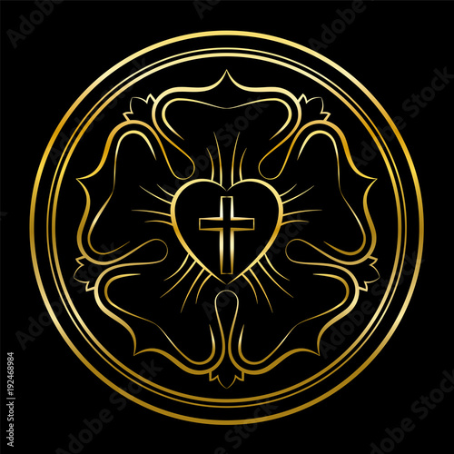 Martin Luther rose golden illustration on black background. Luther seal, symbol of Lutheranism, consisting of a cross, an heart, a single rose and a ring.