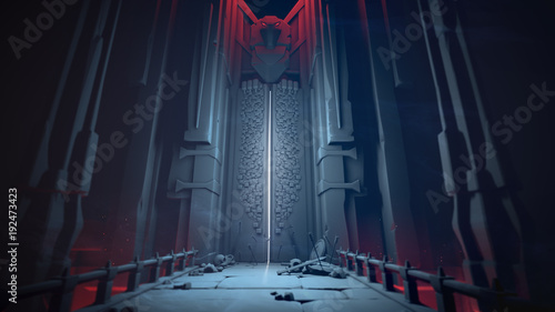 Mysterious dungeon with opening gates in blue tones. Entrance to the treasury. Above the high gate is a sculpture of a bird. At the gate lie skulls, shields and swords on a stone bridge. 3D rendering.