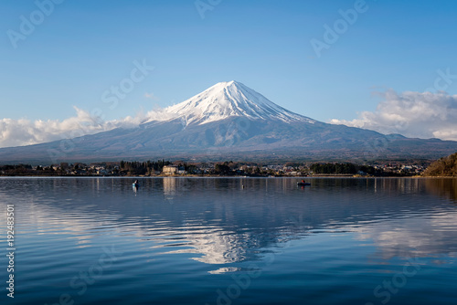 Mount fuji at Lake kawaguchiko with sunrise in the morning