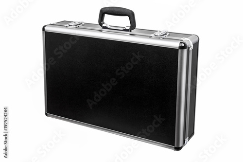 Black padded aluminum briefcase case with metal corners isolated on white