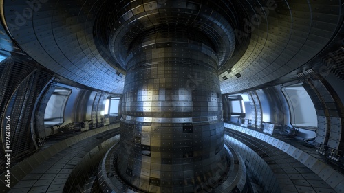 Fusion reactor Tokamak. Reaction chamber. Fusion power. 3D illustration