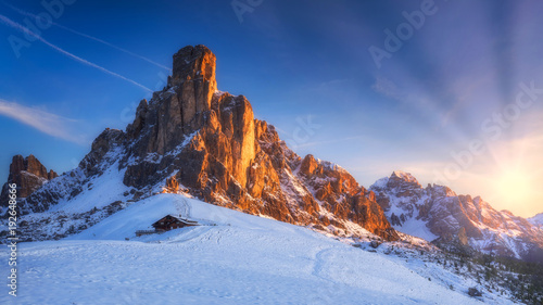 Fantastic winter landscape, Passo Giau with famous Ra Gusela, Nuvolau peaks in background, Dolomites, Italy, Europe