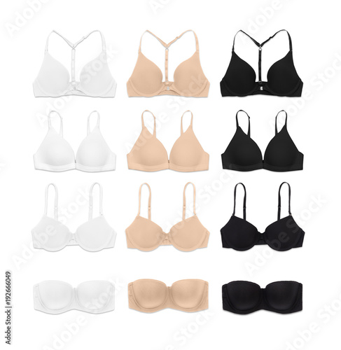 selection of different bra types in white black and nude