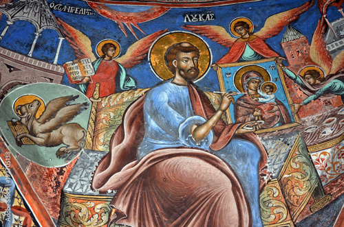 Detailed view with frescoes from the byzantine church of Agios Antonios in Kokkinogi, Elassona, Greece.
