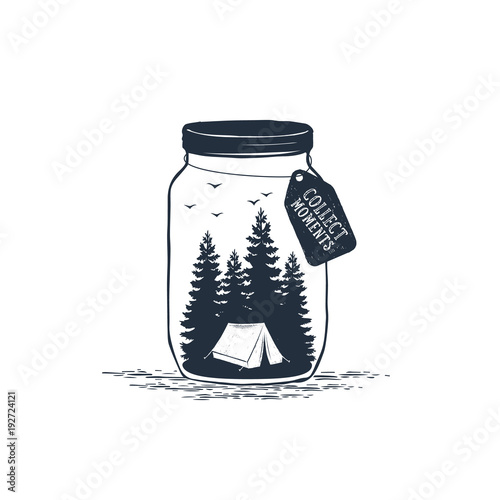 Hand drawn travel badge with pine trees in a jar textured vector illustration and "Collect moments" inspirational lettering.