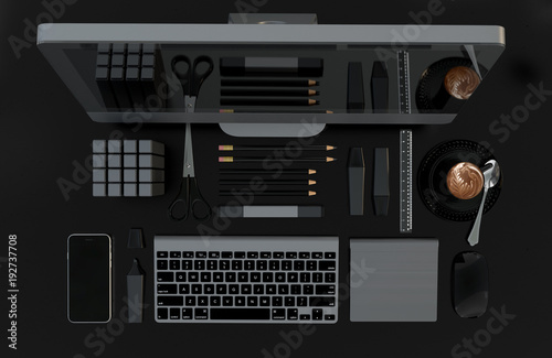 Modern work space with computer, stationery set on black color background. Top view. Flat lay. 3D illustration