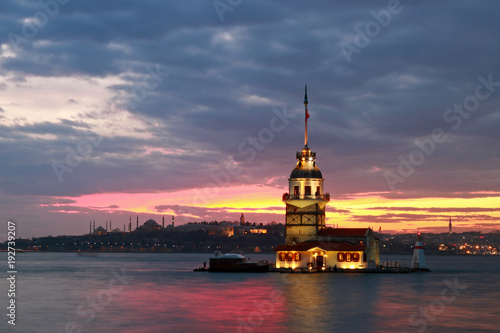 Sunset on Maiden's Tower in historical city Istanbul, Turkey.