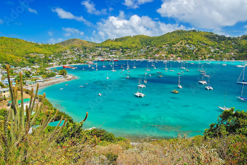 View of Admiralty bay with harbor from Hamilton Fort on Bequia Island, Caribbean Sea region of Lesser Antilles