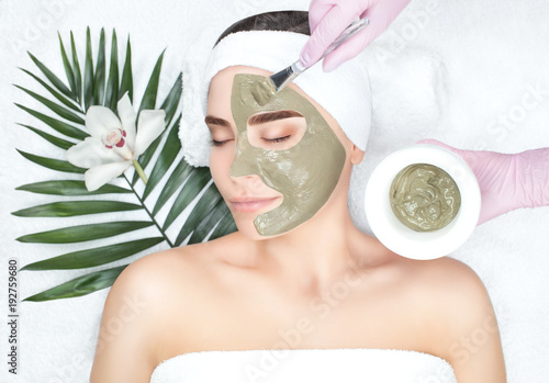 Procedura nakładania maski z gliny na twarz pięknej kobiety. Zabiegi spa i pielęgnacja twarzy w salonie piękności.