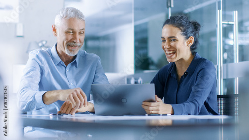 Experienced Male and Female Office Workers Discuss ongoing Project while Working on a Laptop.