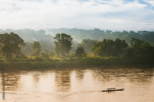 View of local boat transport on Mae Khong river from Chiang Khong city in the morning.
