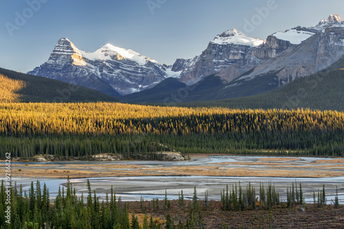 Saskatchewan River Crossing during Autumn golden hour of the Icefields Parkway
