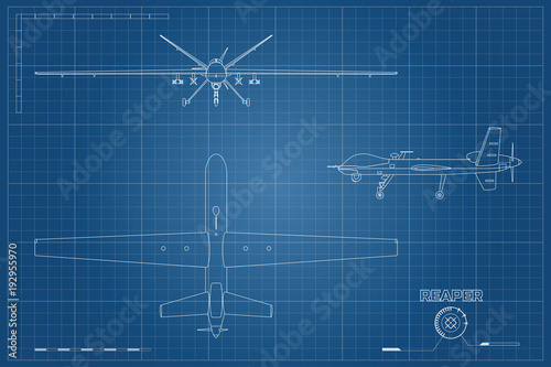 Blueprint of military drone in outline style. Top, front and side view. Army aircraft for intelligence and attack. Industrial isolated drawing
