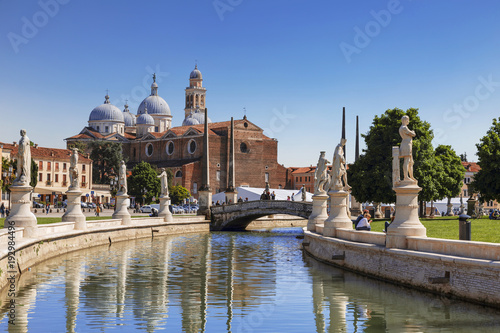 Padua, Prato della Valle, view from the canal to the Basilica of Santa Giustina, Italy