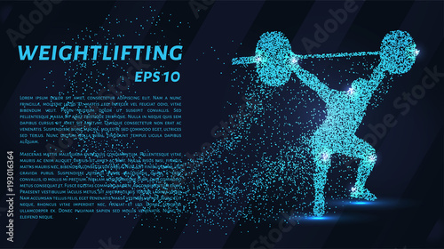 Weightlifter of the particles. The weightlifter consists of dots and circles. Blue weightlifter on dark background.