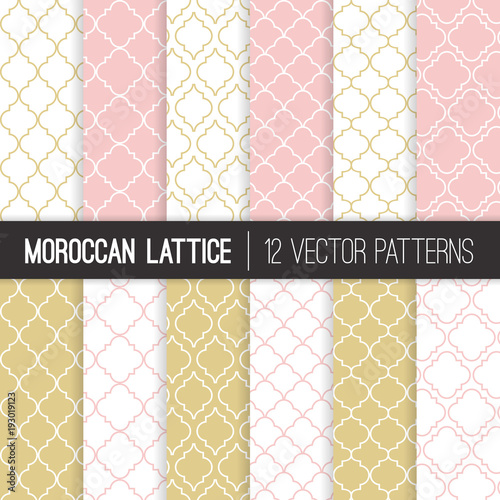 Moroccan Lattice Patterns in Pink and Gold Champagne. Elegant Arabesque Prints. Luxurious Backgrounds. Classic Quatrefoil Trellis Ornament. Vector Repeating Pattern Tile Swatches Included.
